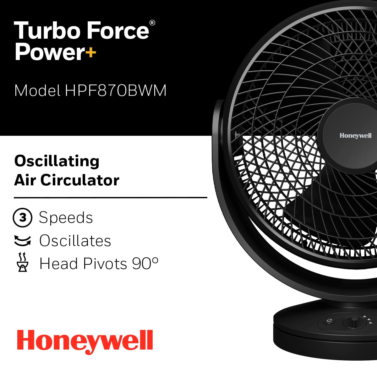 Honeywell 20” Black Turbo Force Power + Oscillating Floor Fan, HPF870BWM