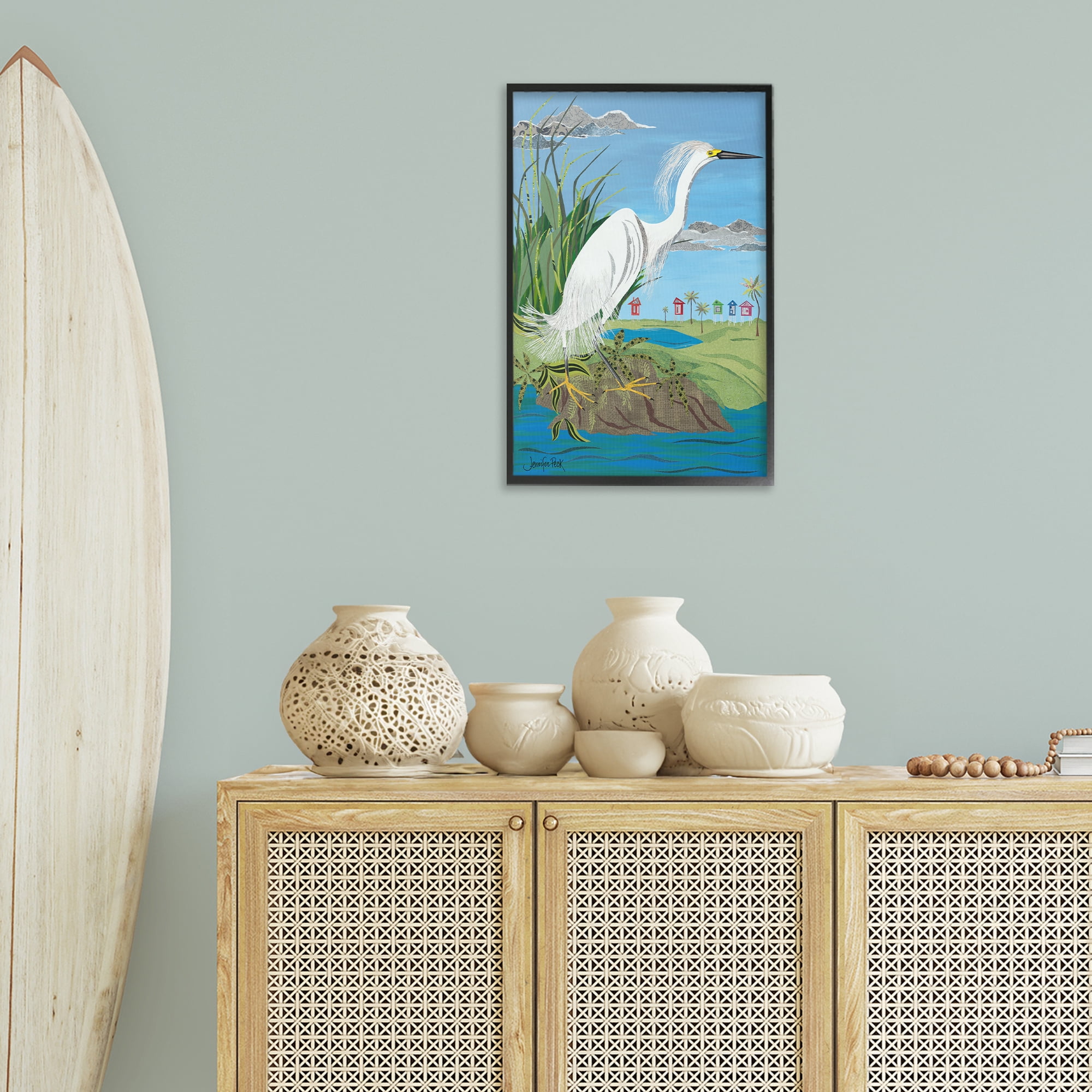 Stupell Industries Egret Perched on Shore Animals & Insects Painting Black Framed Art Print Wall Art, 16 x 24