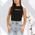 thumbnail image 2 of Ribbed Crop Tank Tops for Women Crew High Neck Sleeveless Cutout Hollow Out Slim Solid Trendy Shirts Girls Streetwear Black S, 2 of 7