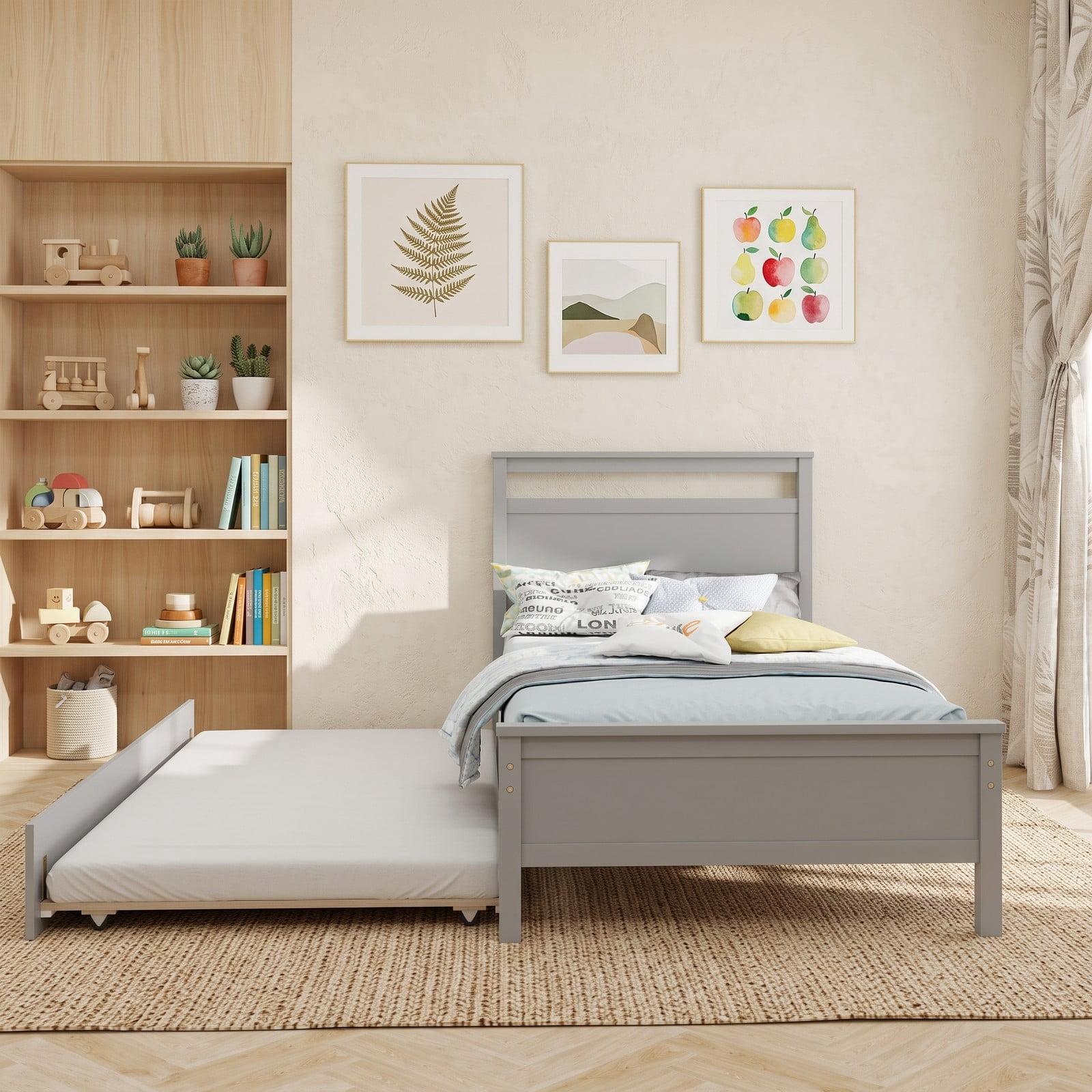 Furnibear Twin Bed Frame with Trundle, Wooden Platform Bed with Roll-Out Trundle and Plank Headboard, No Box Spring Needed, Gray