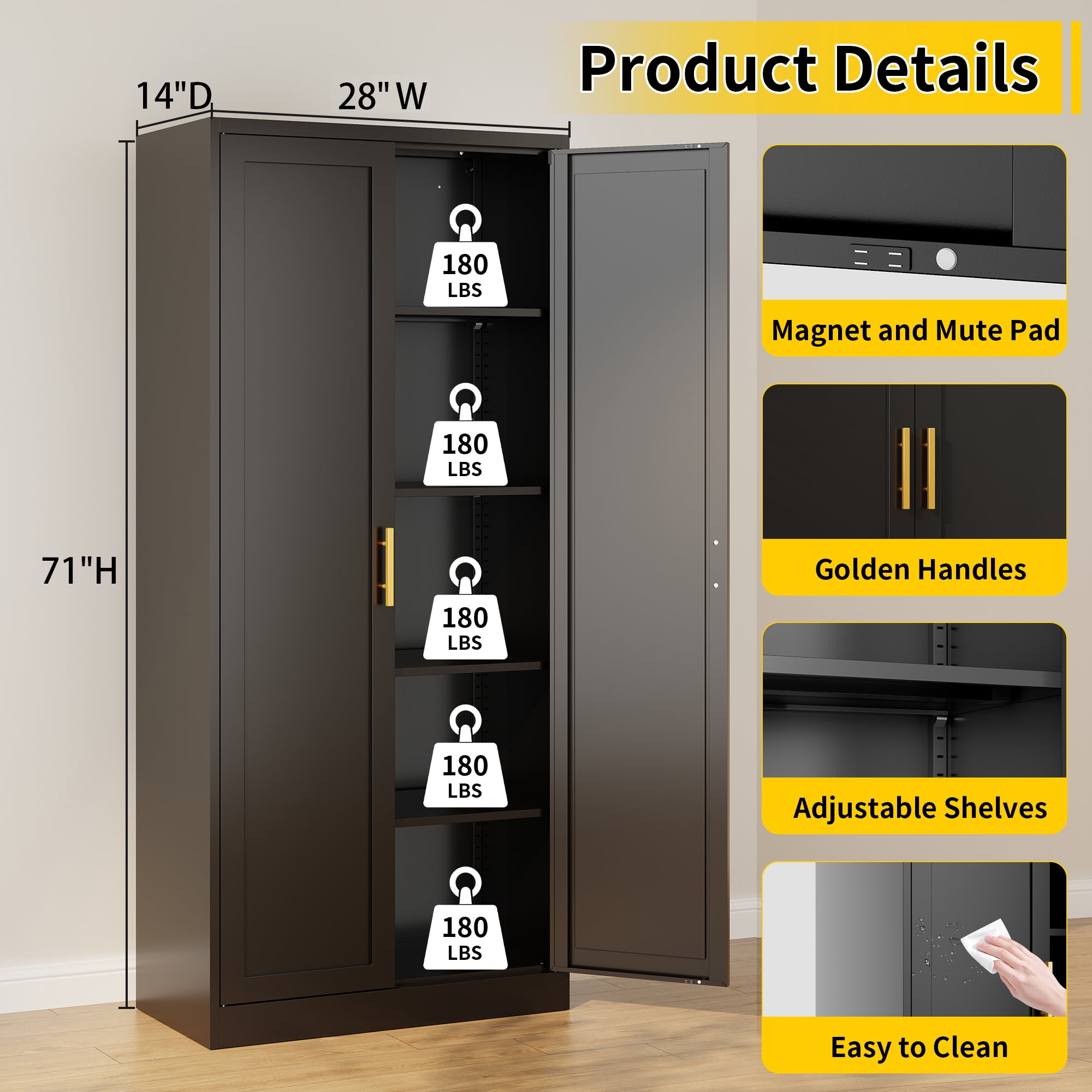 Metal Kitchen Pantry Cabinet, 71"H x 28"W x 14"D Cabinet with 2 Doors and 4 Adjustable Shelves, Kitchen Pantry Storage Cabinet, Metal Pantry Cabinet for Kitchen, Dining Room, Living Room-Black