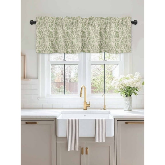 Kitchen Valances for Window, Vintage Sage Green Botanical Light Filtering Rod Pocket Valance Curtain, Ombre Leaves Retro Linen Short Curtains Window Topper for Bedroom Bathroom Living Room 54x18in