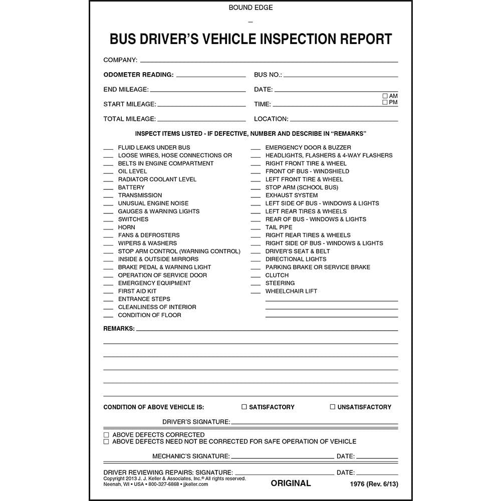 Bus Driver's Vehicle Inspection Report 5-pk. - Book Format, 3-Ply Carbonless, 5.5" x 8.125", 31 Sets of Forms Per Book