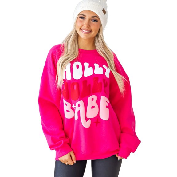 Women's Rose Red Holly Jolly Babe Graphic Oversized Sweatshirt | [ZhiHiMeRi] | (US 12-14)L
