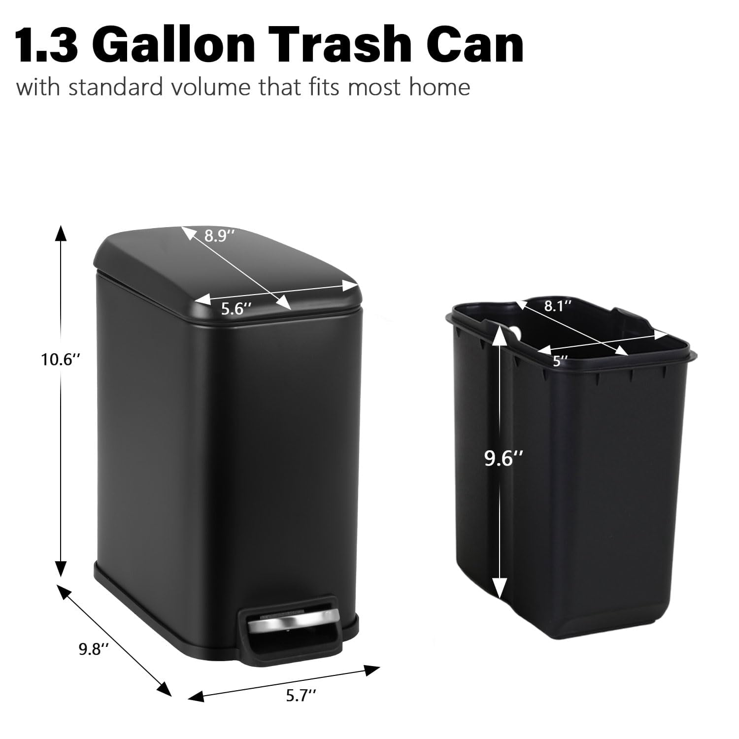 CL.HPAHKL 5L / 1.3 Gallon Slim Step Trash Can, Stainless Steel Bathroom Trash Bin with Lid & Removable Inner Bucket, Pedal Garbage Can for Bathroom,Bedroom,Home Office (2, Black)