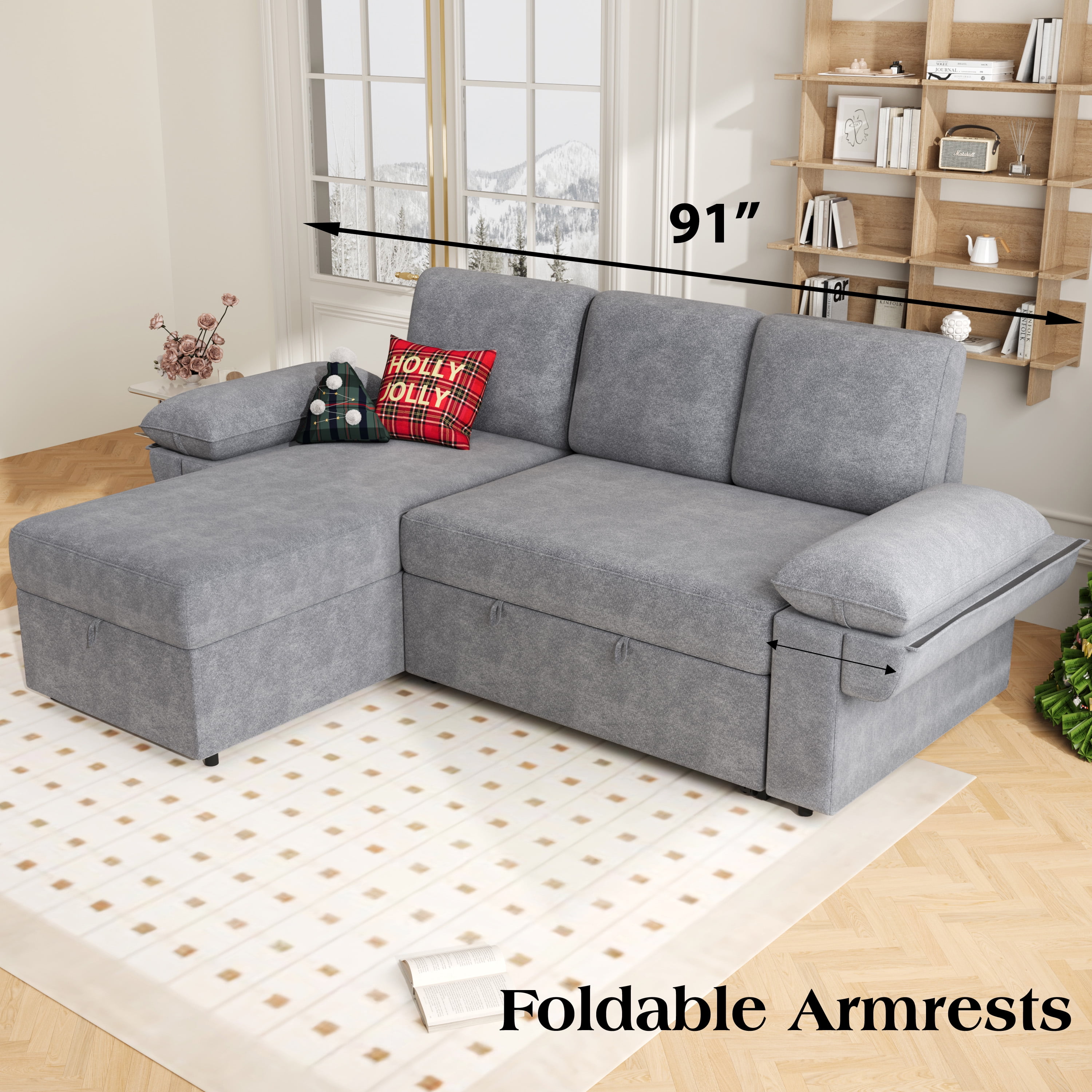 VANACC 91" Sectional Sofa Bed with Storage,Reversible Pull Out Sleeper Couch for Living Room,Grey