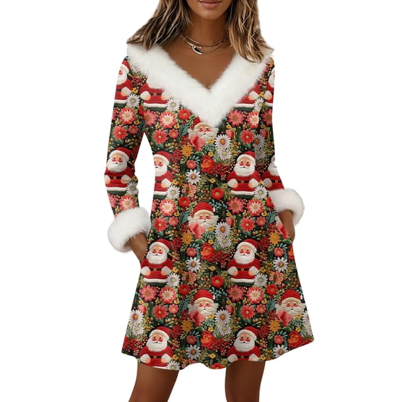 Yucgh Women's Long Sleeve Pullover Knit Dress with Pockets, V-Neck Knee Length Casual Winter Dress, Christmas Holiday Tunic Dress,S