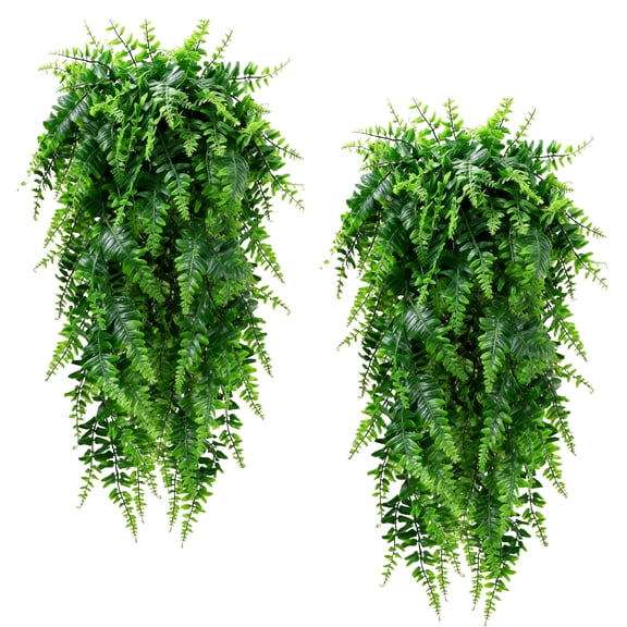 2 Pack Artificial Hanging Boston Ferns Plastic Plant UV Resistant Outdoor for Living Room, Kitchen, Balcony, Garden