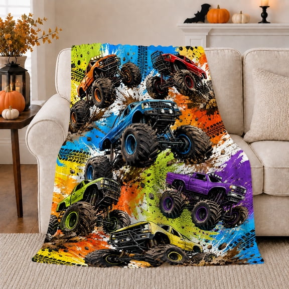Monster Truck Rally Action Collage Vibrant Colors, Festive Holiday Scene, Warm Flannel Blanket for Living Room and Reading Nook, Art Lovers Friendship Gift, Festive Home Decor