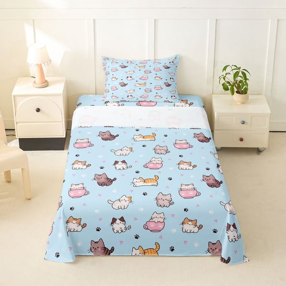 Homewish Kawaii Cat Animal Twin Sheets,Cartoon Pet Themed Bedding,Blue,3-Piece,1 Fitted Sheet and 1 Pillowcase