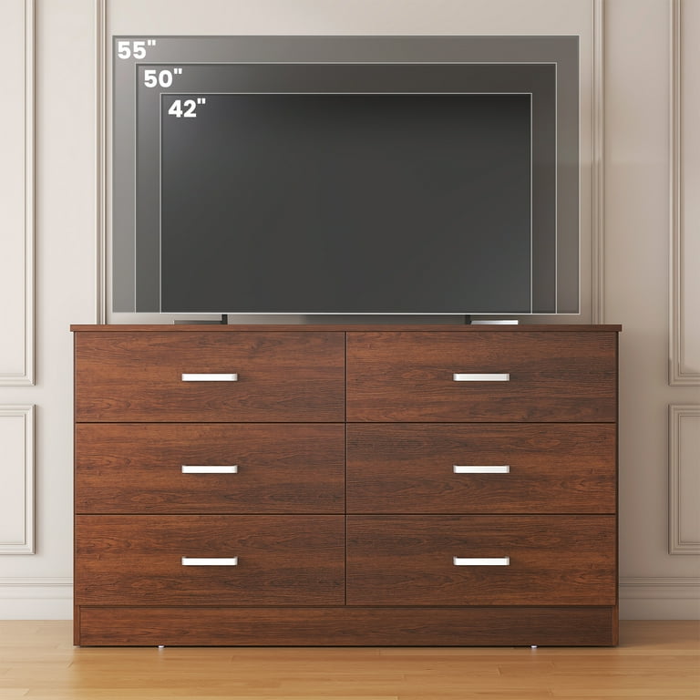 double dresser brown Seamore Mid-Century Modern 6-Drawer Double-Dresser Solid Wood in Brown