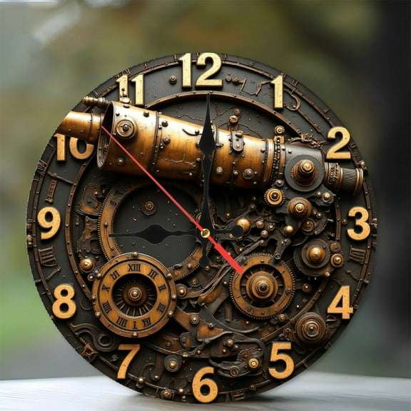 Vintage Steampunk Clock with Telescope Design 10-Inch Silent Wooden Wall Clock, Battery Operated (AA Batteries Not Included), Artistic Home Decor