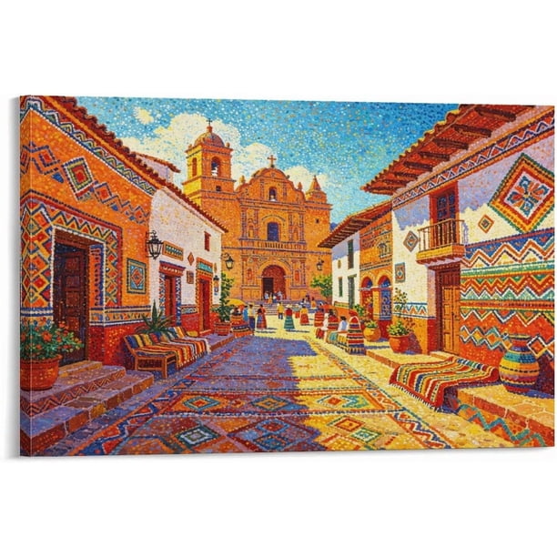 Impresión calle colonial con ornamentación Día de Muertos, personajes tradicionales y puestos de mercado, decoración cultural mexicana festiva para hogar y local comercial