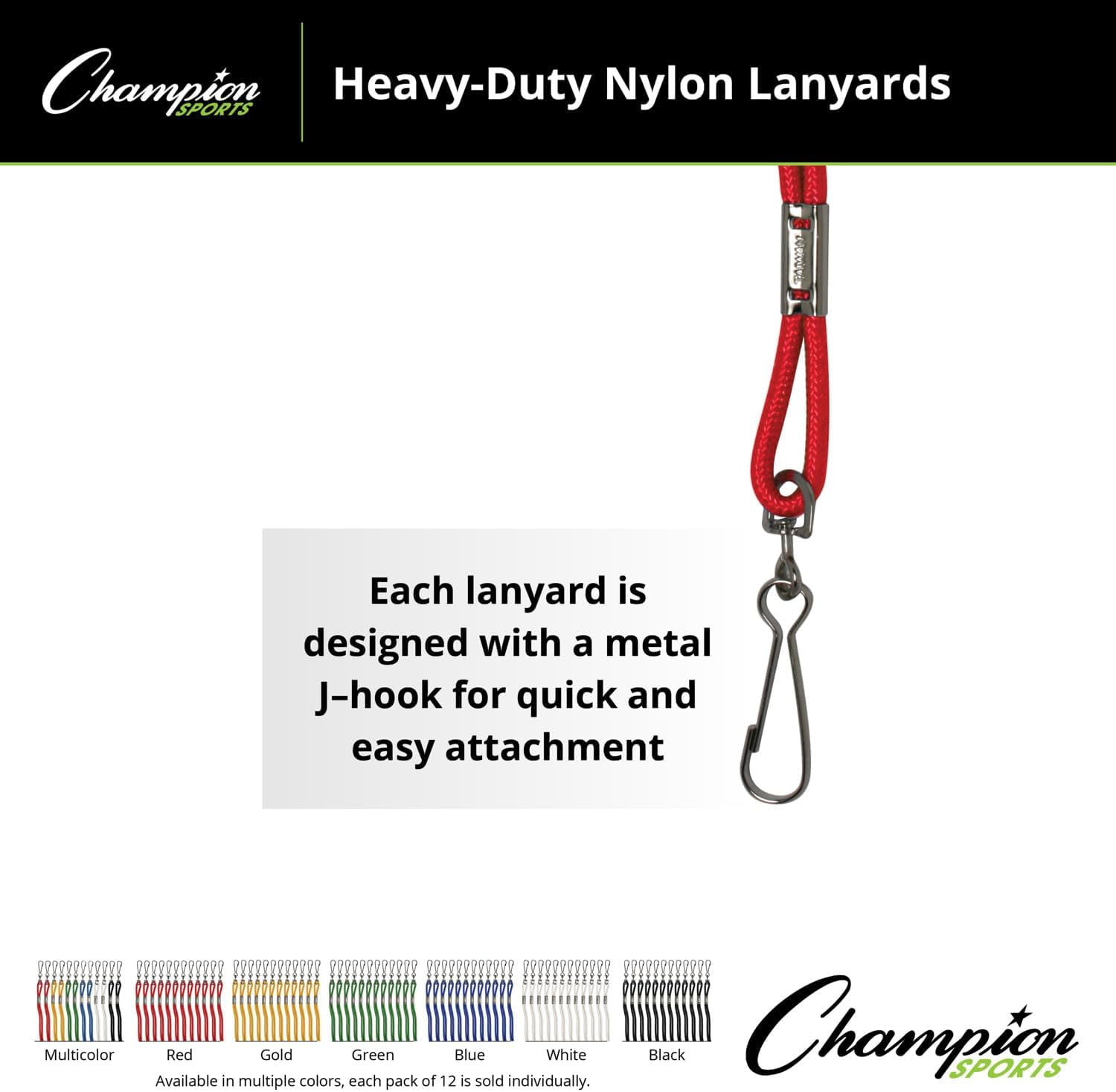 Champion Sports Nylon Lanyards with J-Hook Clip, Gold, Retail Card