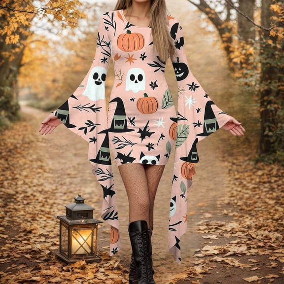 IUYRTFE Women's Halloween Print Crew Neck Long Sleeve Asymmetrical Hem Maxi Dress Casual Fall Party Gown