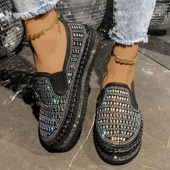RUIYANQI Women's Rhinestone Embellished Slip On Sneakers Perforated Design Platform Shoes Sparkly Party Club Footwear Trendy Fashion Walking Shoes Black Women Sandal