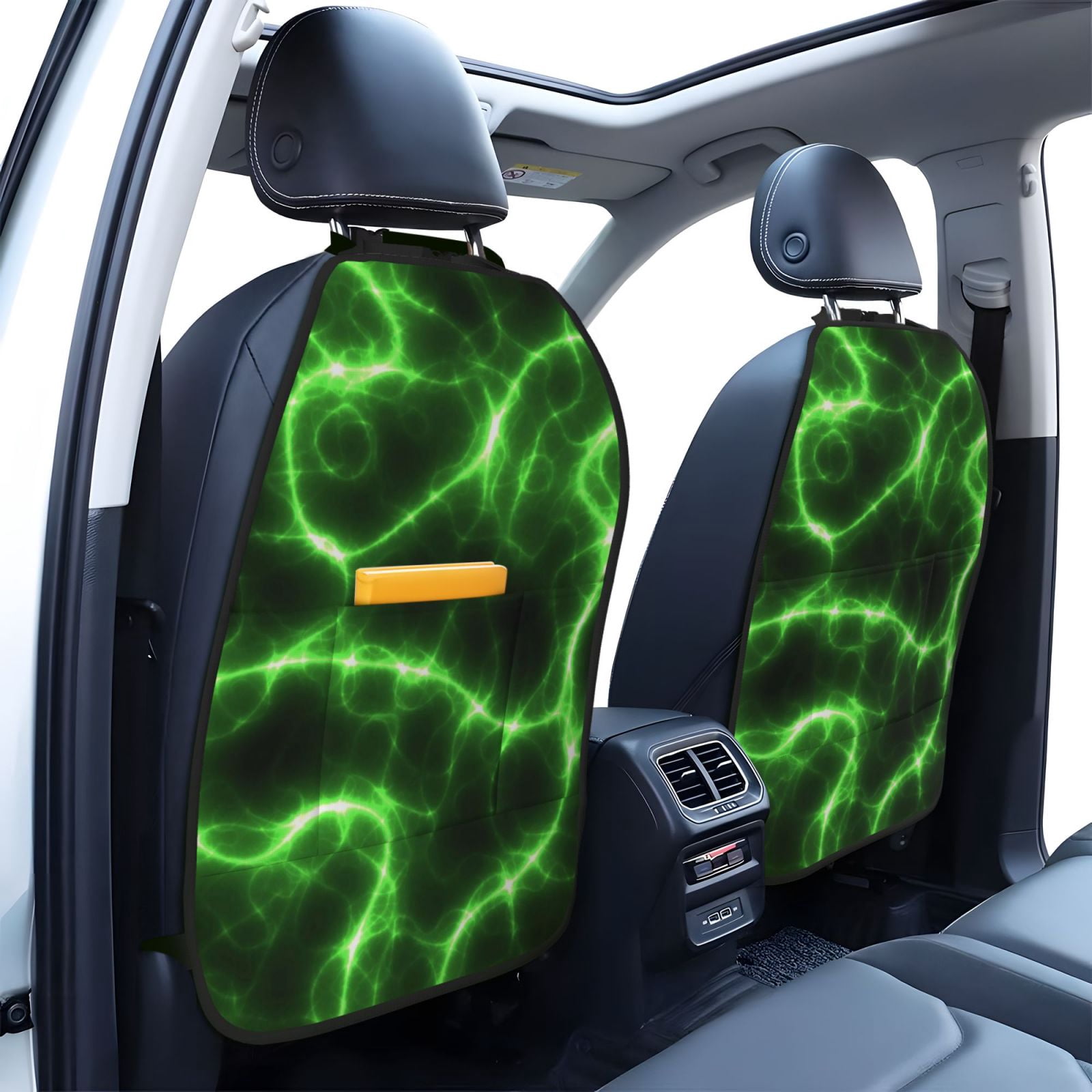 Xecao Green Lightning Pattern Car Seat Back Protector 2 Pack Large Capacity Pocket, Kick Mats Back Seat Protector