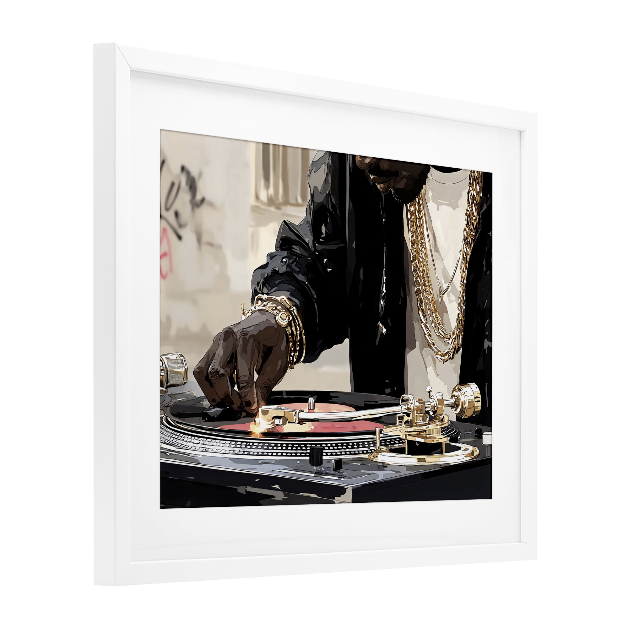 Stupell Industries Golden Touch on DJ's Turntable White Framed Print Under Glass, design by Franklyn Gregory