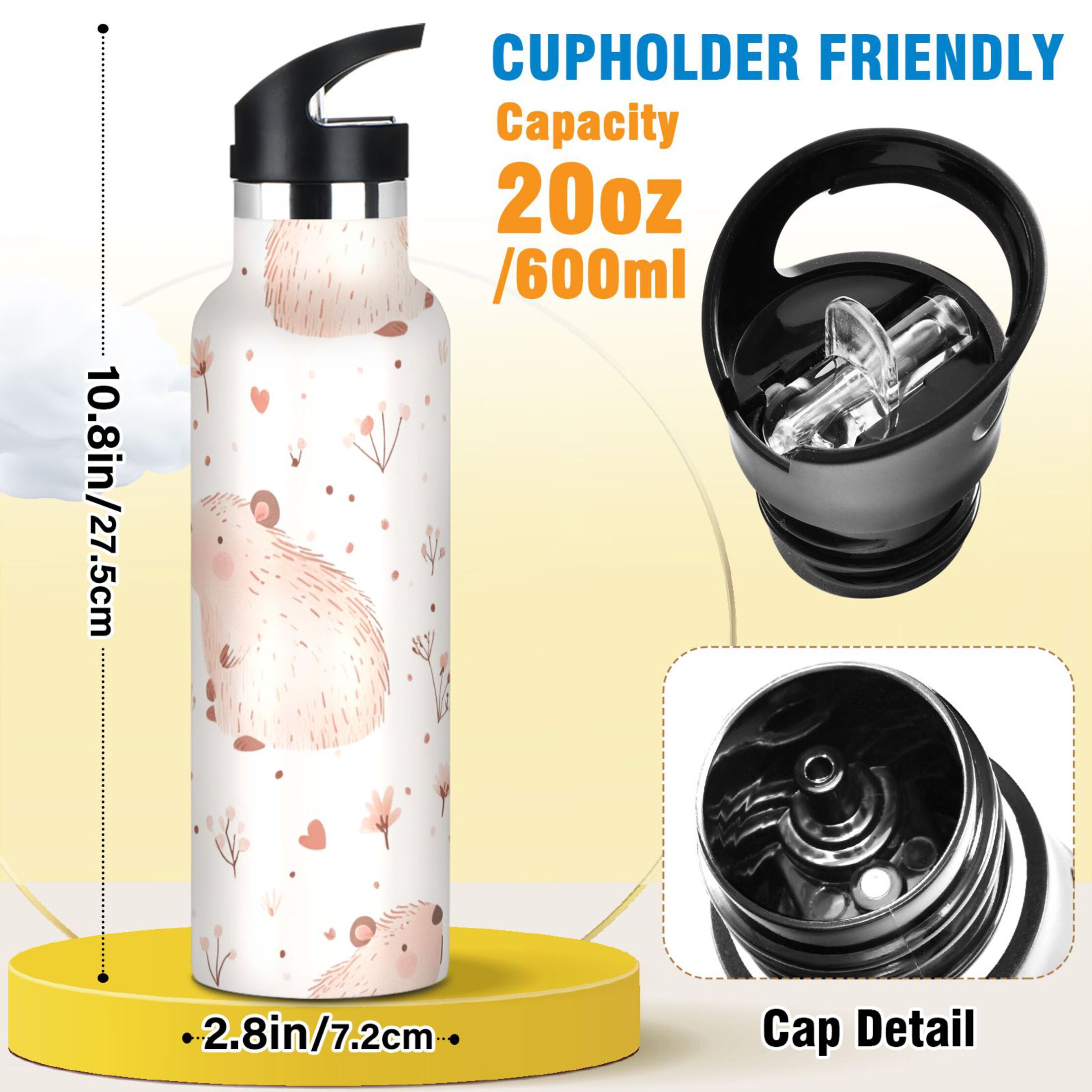 Kids Insulated Stainless Steel Sports Water Bottle 600ml (20oz) Cute Capybaras Pattern