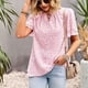 thumbnail image 3 of Blusa de manga con volantes en capas, cuello en V, estampado floral hueco, blusa ajustada informal para mujer, verano, rosa, S, 3 of 7