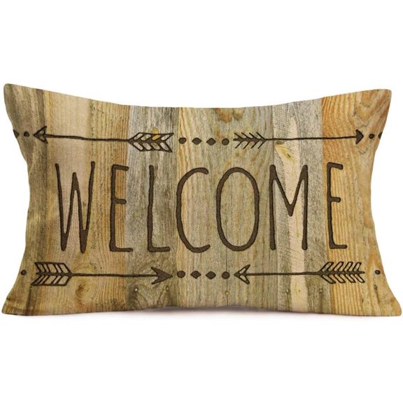 Welcome Lumbar Throw Pillow Cover Rustic Wood Signs Arrow Home Decoration Waist Pillow Covers for Housewarming Guest Family Porch Festival Cotton Linen Pillow Cases Cushion Cover 12x20 Inch