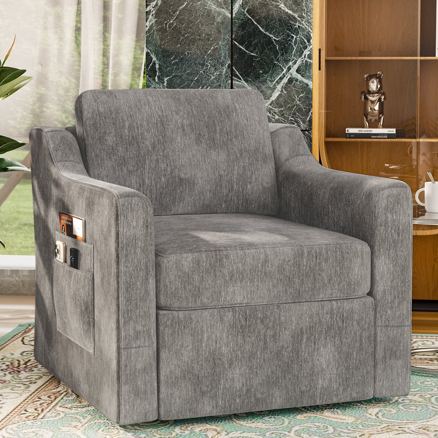 ZBOM 360° Swivel Modern Accent Chair Set of 2, Large Comfy Reading Chairs, Accent Square Single-seat Armchair Upholstered Sofa for Reading, Living Room, Bedroom, Grey