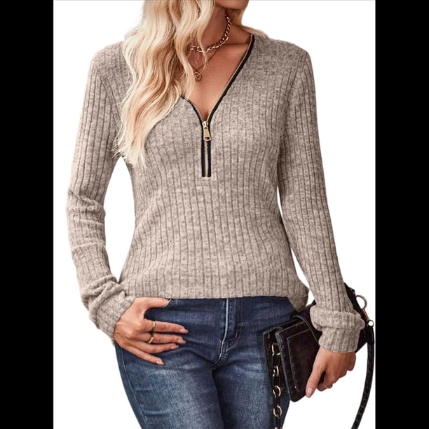 Suéter Holgado de Punto Acanalado con Cuello de Media Cremallera para Mujer, Blusas Casuales de Larga de Color Liso, Blusas Cómodas y Cálidas Caqui XL
