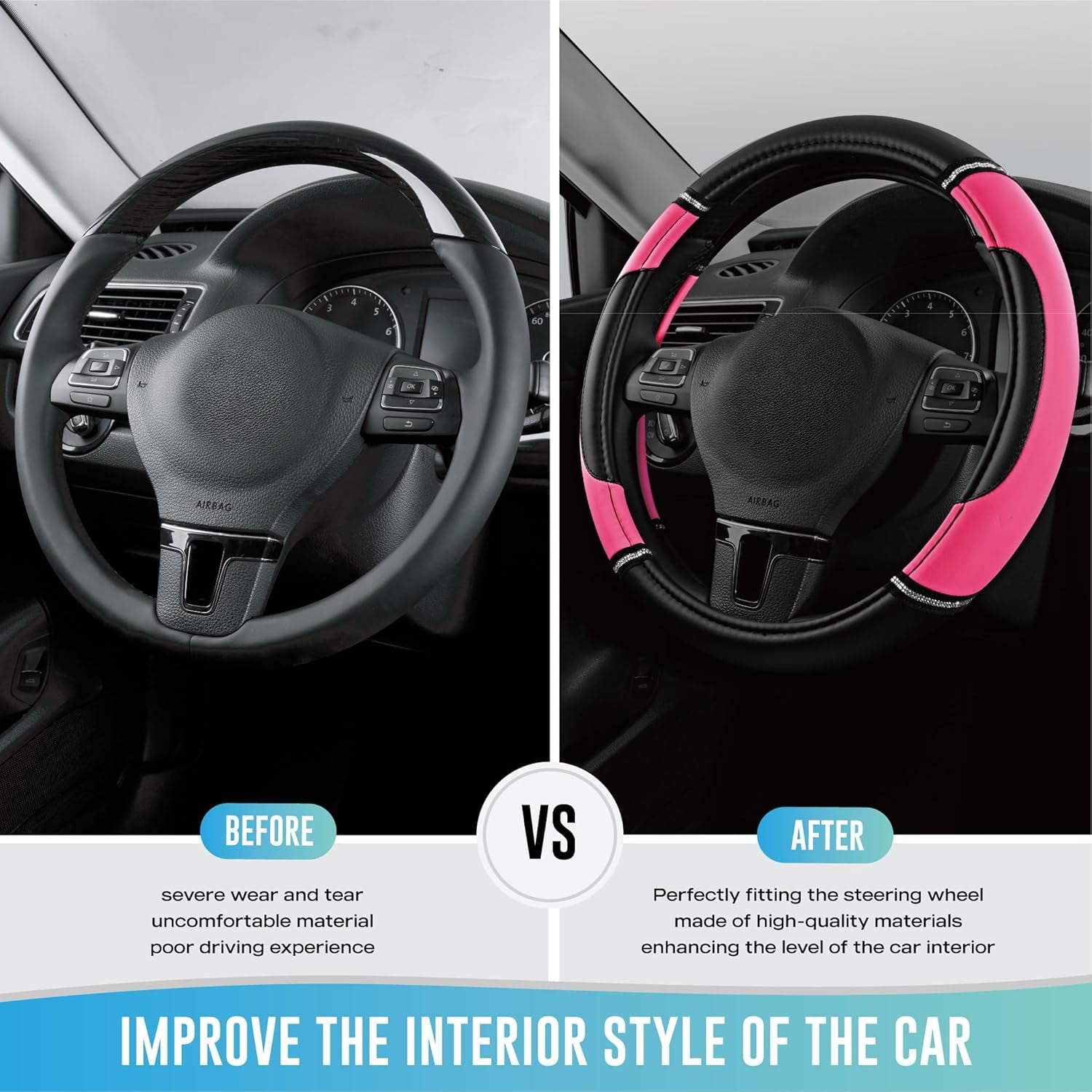 Leather Steering Wheel Cover - Made with PVC Leather - Anti-Slip, Universal Fit 14 1/2 inches to 15 inches - Hot Pink