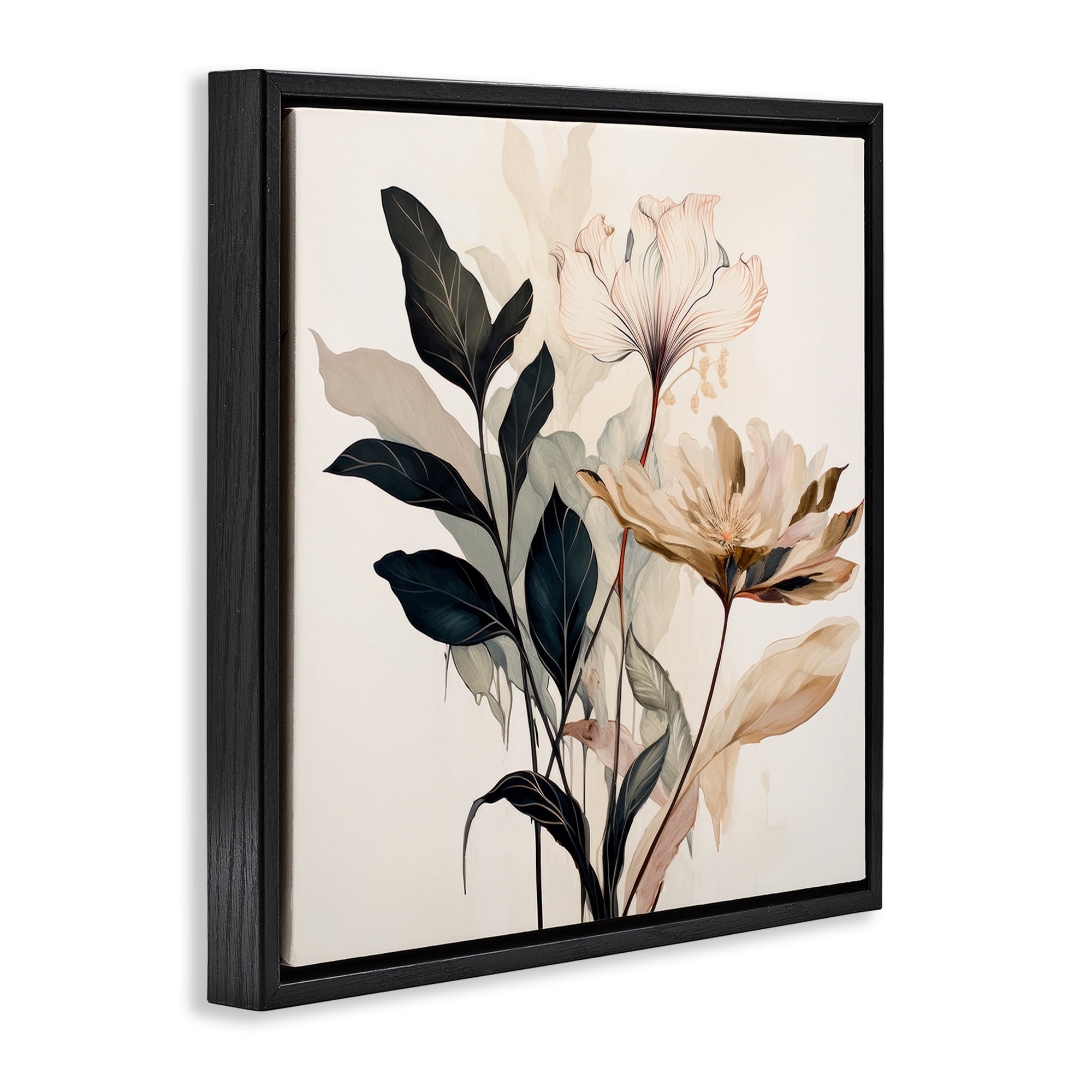 Stupell Industries Leaf Sprig & Flower Plants & Flowers Painting Black Floater Framed Canvas Art Print Wall Art, 18 x 18