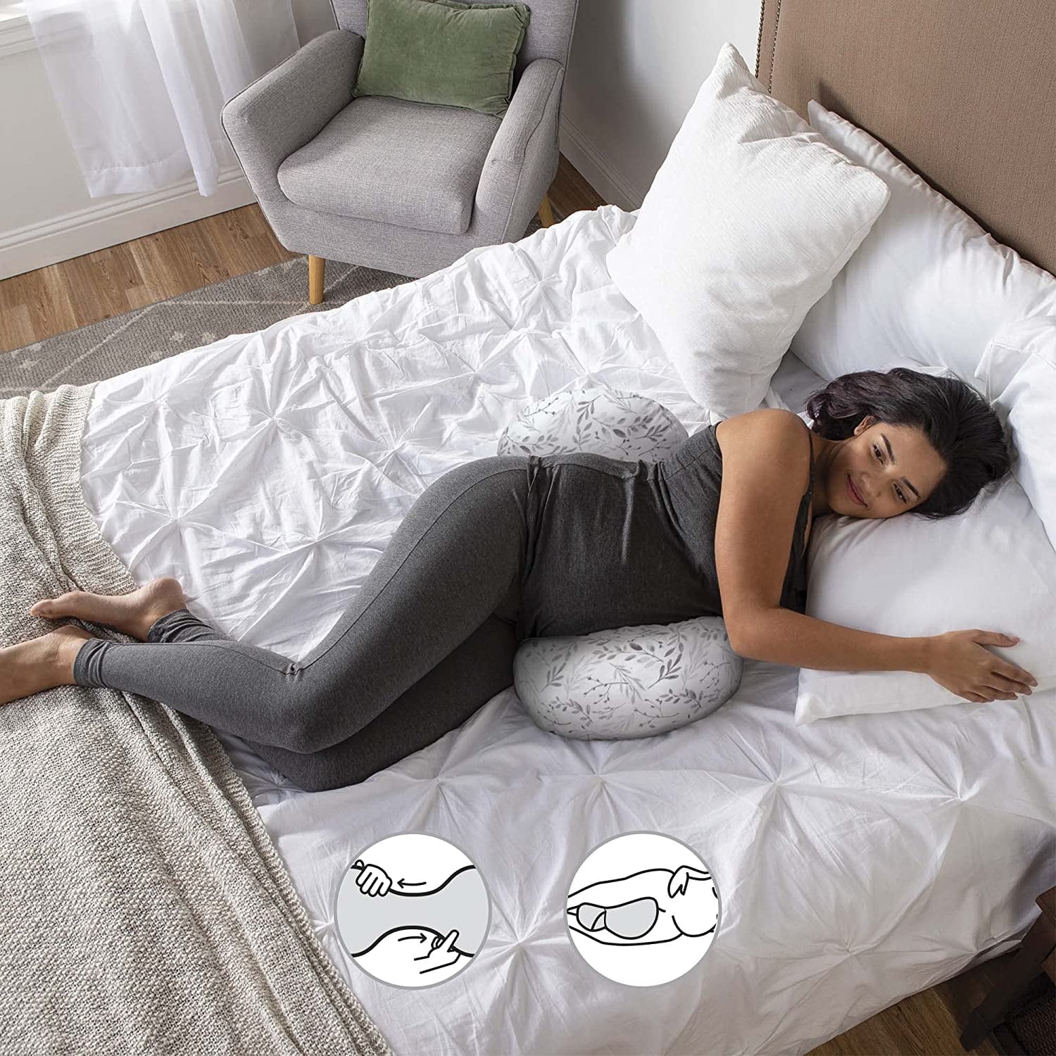 Boppy Side Sleeper Pregnancy Pillow with Removable Jersey Pillow Cover, Gray Falling Leaves
