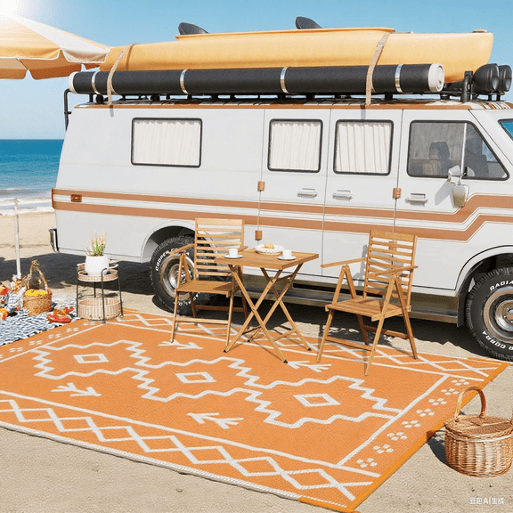 Lahome 5x8 Plastic Straw Outdoor Rug Waterproof, Reversible Orange Boho Rugs for Outside, Indoor Outdoor Area Rug for Picnic Patio Balcony