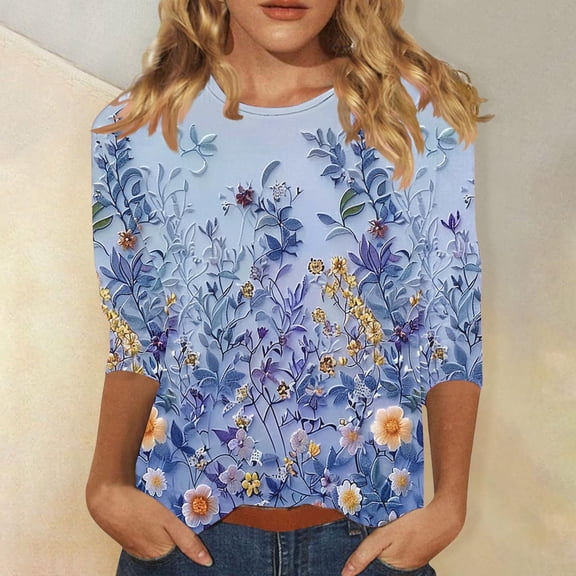 Gamivast 3/4 Sleeve Tops for Women Summer Crewneck Cute Floral Print Tees Shirts Trendy Ladies Blouses Dressy Casual Shirts L Camisas Para Mujer