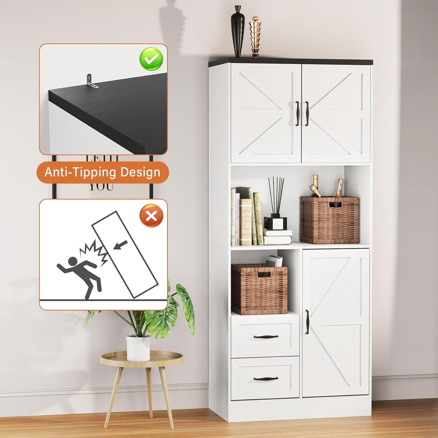 Frmobepts 68" Tall Kitchen Pantry with LED Lights, Free-standing Wood Storage Cabinet with Farmhouse Barn Doors for Dining Room, White