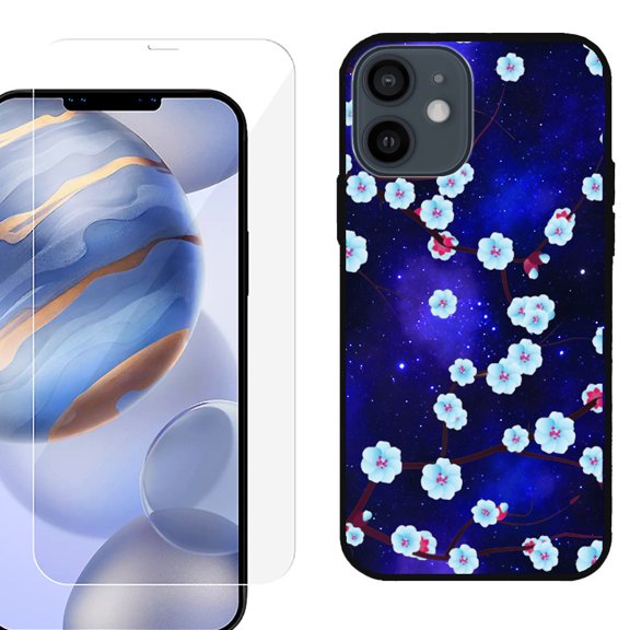 Slim-Fit Protective Phone Case (Black) compatible with iPhone 12 / iPhone 12 Pro, with Tempered Glass Screen Protector, by OneToughShield ® - Blossom Stars