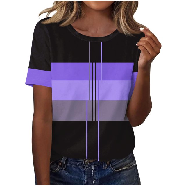 Camisetas Casuales de las Mujeres Estampadas Cuello Tripulado Manga Corta Superior, Ligera Mezcla de Poliéster Blusa de Moda