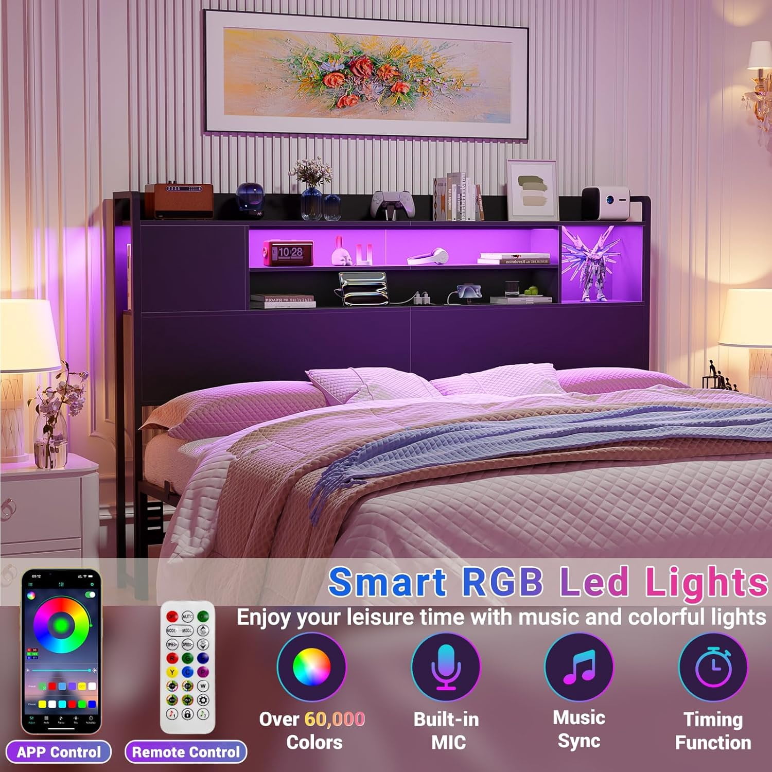 Homieasy Headboard for Queen Size Bed, Bookcase Style Head Board with Power Outlet and RGB LED Light, Reversible Headboard with Storage, Height Adjustable, Sturdy and Stable, Black