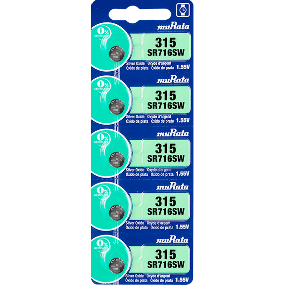 Murata 315 SR716SW Battery 1.55V Silver Oxide Watch Button Cell - Replaces Sony 315 (5 Batteries)