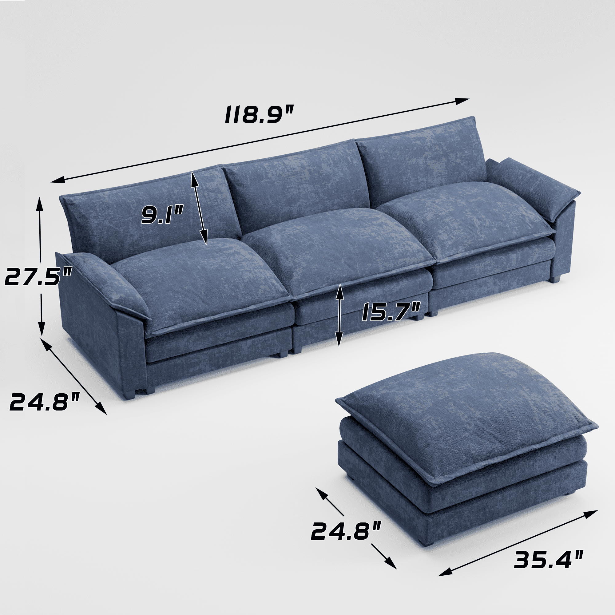 Homall Sectional Sofa 3-seat L-shaped Sofa with reversible toffee chair Movable Footrest Sofa,Blue