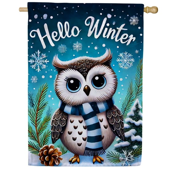 America Forever Hello Winter Owl House Flag, 28 x 40 inch Double Sided, Adorable Owl Greeting Yard Flag, Festive Winter Welcome Decor, Seasonal Outdoor Decorative for Lawn and House