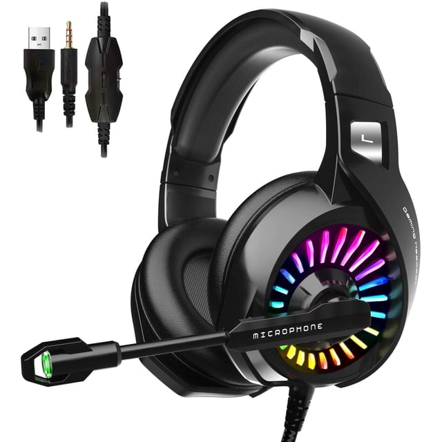 Audífonos Gamer con Micrófono, Audífonos Xbox One con Luz RGB, PC Headset con Cable con Sonido Envolvente Estéreo 7.1, Audífonos sobre la Oreja para PC, PS4, Xbox One, Laptop