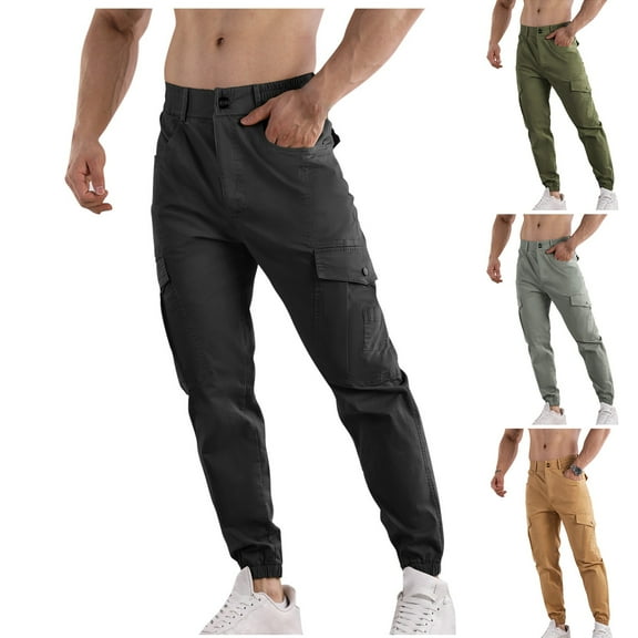 pstuiky Mens Cargo Pants, Solid Color Officewear Regular Multiple Pockets Mens Pants Discount Army Green L