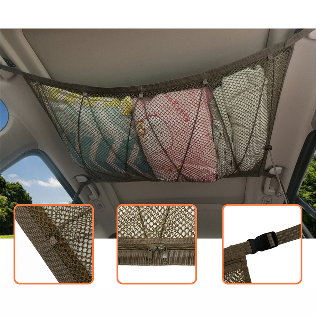 Chowcencen Car Ceiling Mesh Bag Storage Net Pouch Drawstring Organizer Netting for Vehicle Roof khaki