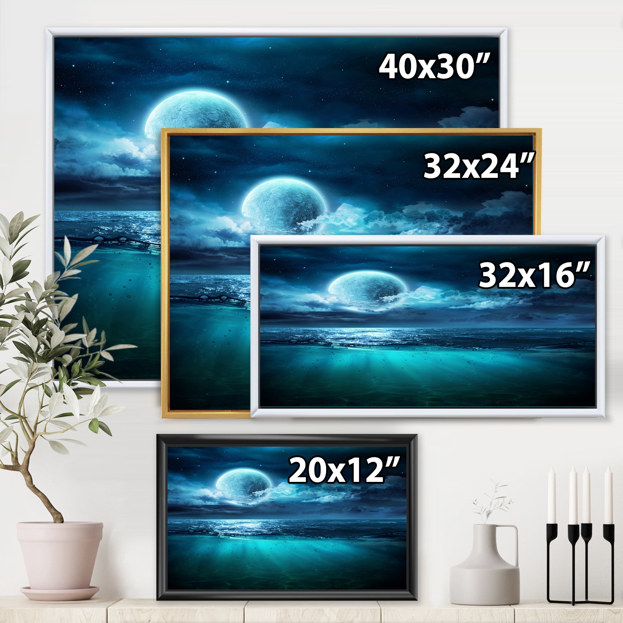 Designart 'Romantic Moon and Clouds Over Deep Blue Sea II' Nautical & Coastal Framed Canvas Wall Art Print