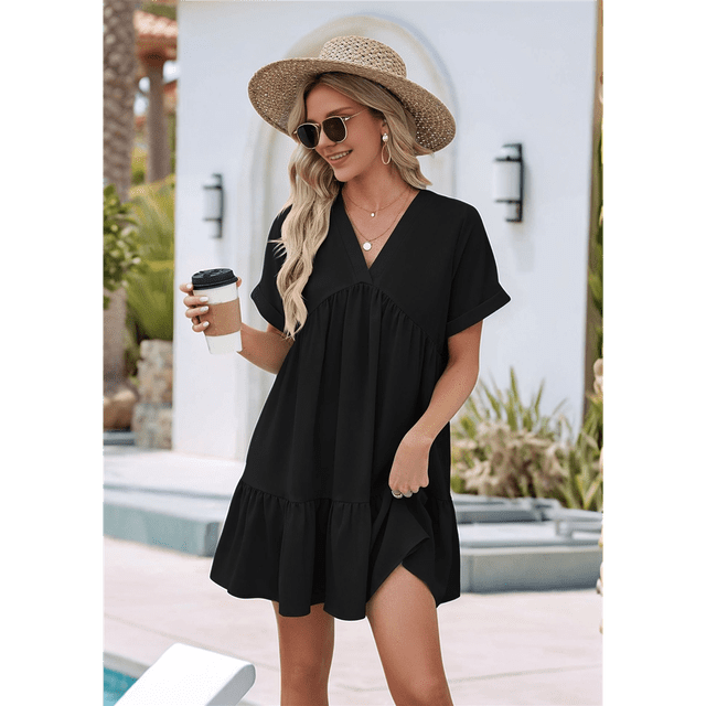 Vestido Negro de Corta con Escote en V y Bajo con Volantes, Talla XXL