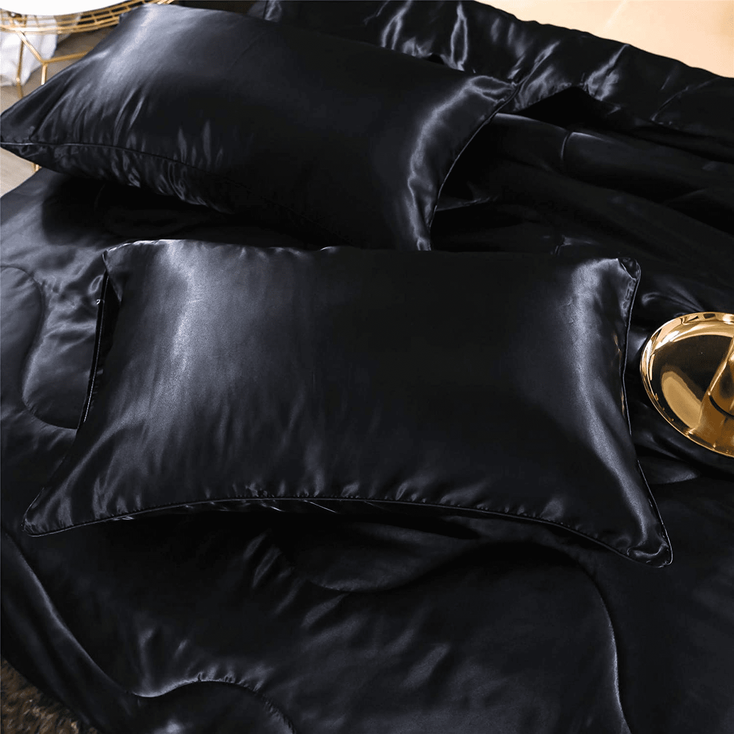 Btargot Satin Silky Soft Luxury Queen Comforter Set Solid Luxury Lightweight Bedding Set Black