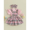 thumbnail image 3 of vera natura Baby Girls Summer Rib Knit Short Sleeve Rompers Plaid Suspender Skirts Headband 3Pcs Clothes Set, 3 of 9