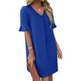 thumbnail image 4 of Admvng Womens Dresses Summer Solid Color V-neck Ruffle Short Sleeved A Line Dress with Pockets S-2XL, 4 of 9