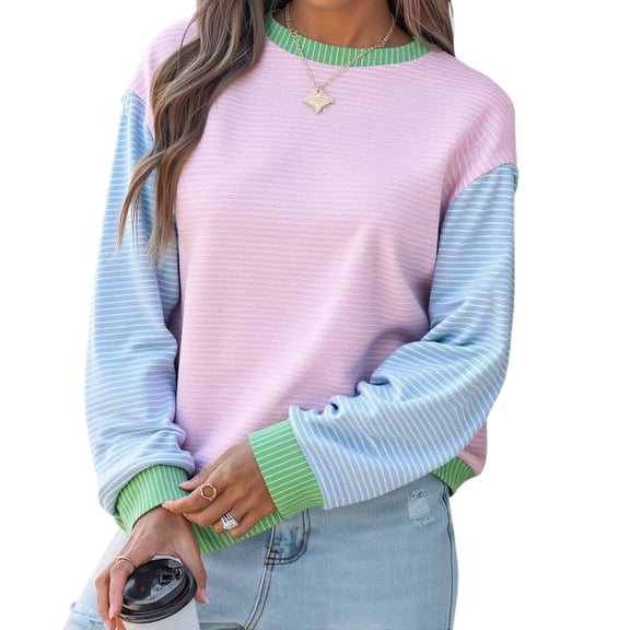 Women's 2025 Trendy Soft Pullover Round Neck Striped Print Casual Shirts Long Sleeve Loose Fit Color Block T-shirt Top