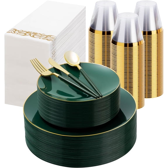 350 Pieces Green Gold Plastic Dinnerware Set, Gold Disposable Plates for Party, Include 100 Green Plates with 150 Plastic Cutlery, 50 Napkins and 50 Cups