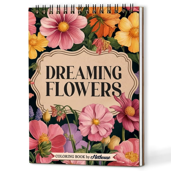 NETHOUSE Dreaming Flowers Coloring Book Spiral Bound for Adults, A5 Wooden Cover, 30 Botanical Coloring Pages of World of Blooming Beauty for Stress Relief and Relaxation